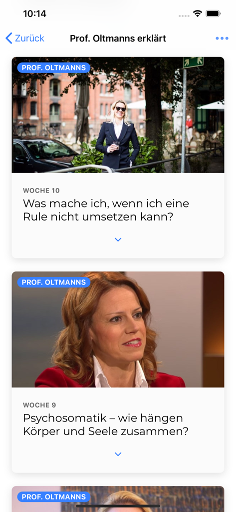 NUPP - Smartphone screen showing educational video lessons on psychosomatics and mindfulness by Professor Oltmanns.