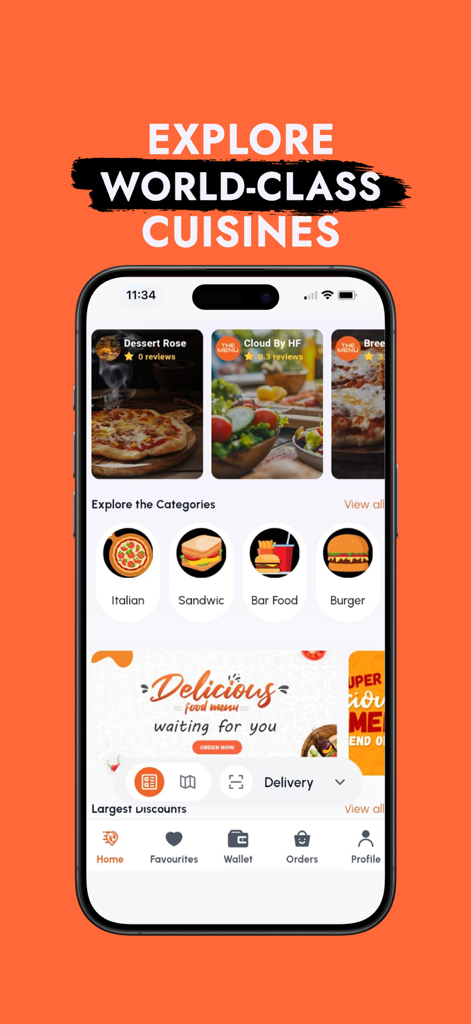 The Menu Hub - Tela inicial do aplicativo The Menu Hub mostrando várias categorias de alimentos e listas de restaurantes para entrega no Quênia.