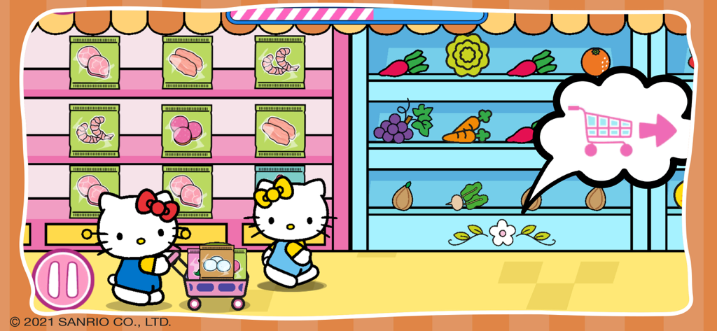 Hello Kitty: Supermarket Game - Hello Kitty and Mimmy shopping for groceries in a colorful supermarket level