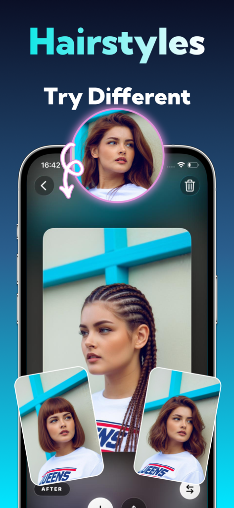 AI Photo Editor: Pixartia - Tela de um smartphone exibindo penteados gerados por IA em uma foto de mulher usando o aplicativo Pixartia