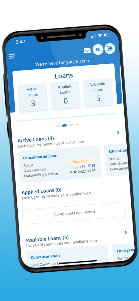 GSIS Touch - Pantalla de la aplicación GSIS Touch que muestra información de préstamos, incluyendo préstamos activos, solicitados y disponibles para miembros.