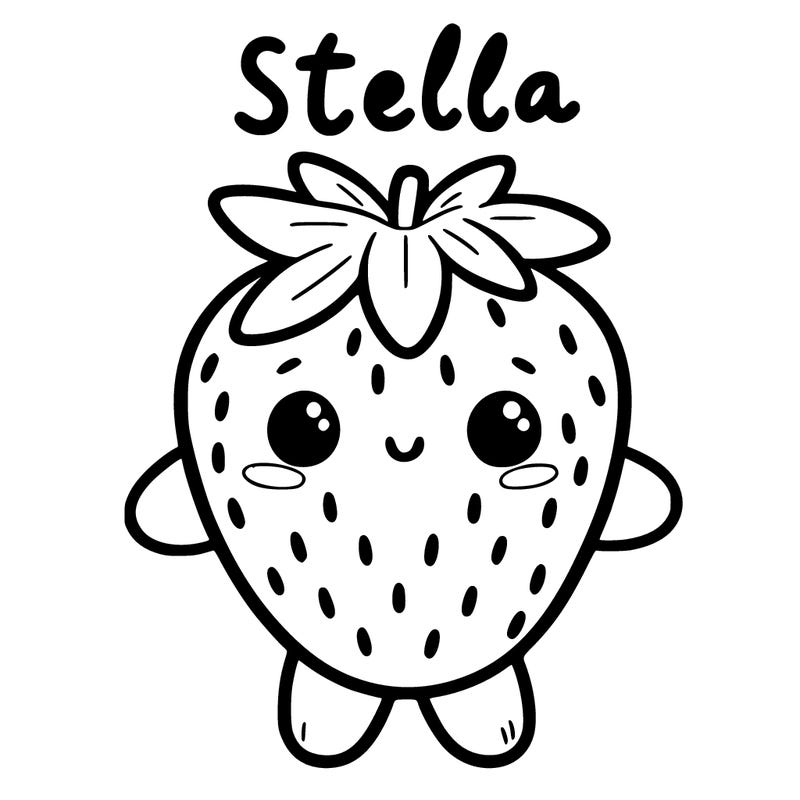 a cute little strawberry with arms and legs and a face with the words "stella" written above her