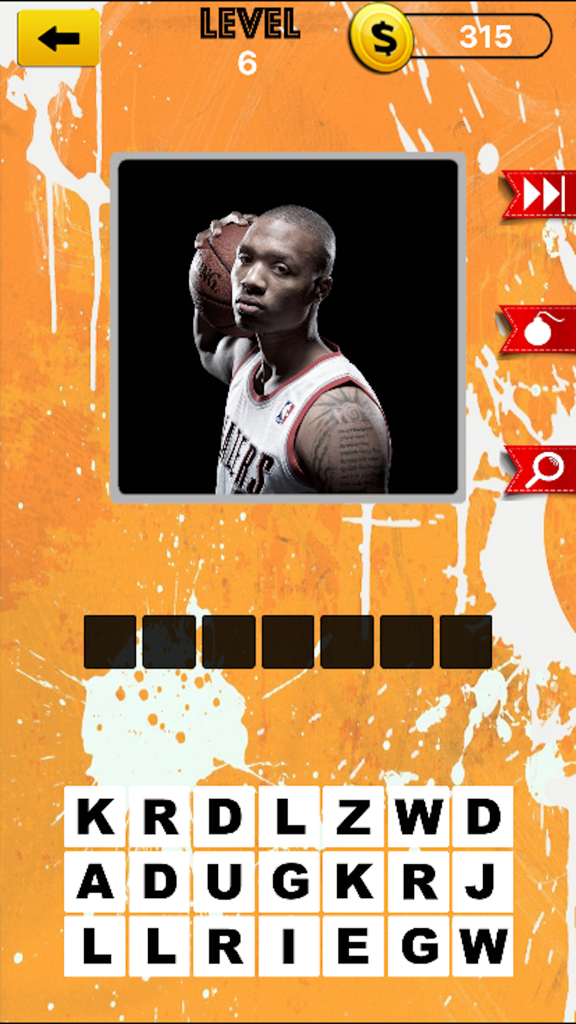 Level 6 of the basketball superstar trivia quiz app featuring a photo of Damian Lillard
