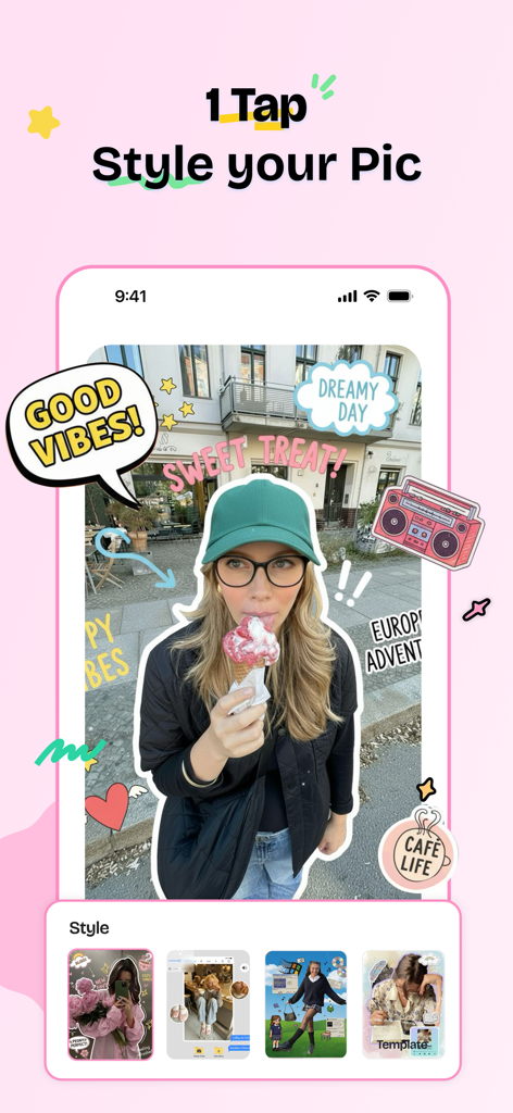 ColadaPic – Aesthetic Stickers - Ein Foto einer Frau, die Eis isst, dekoriert mit bunten ästhetischen Stickern und Doodles mit der ColadaPic App.