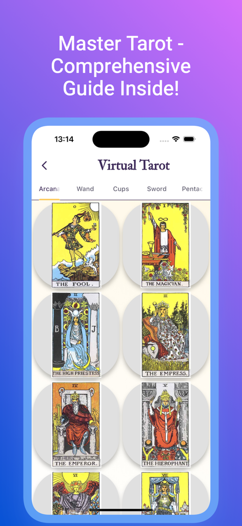 Pantalla de la aplicación Virtual Tarot que muestra una guía de las cartas de Arcanos Mayores, incluyendo El Loco y El Mago.