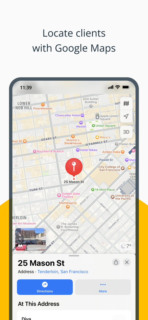 OnePageCRM - Simple CRM System - Google Maps integration in OnePageCRM showing a client address with a directions button