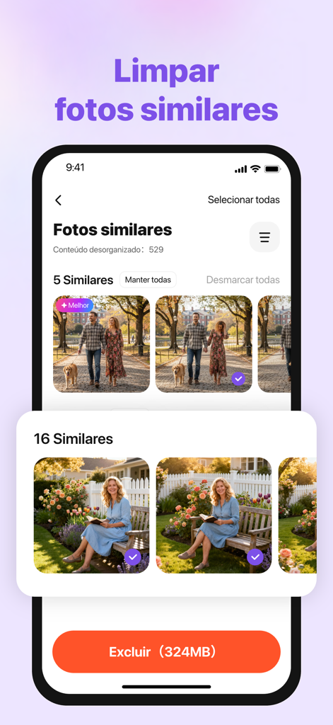 MediaClean: storage cleaner - MediaClean app interface identifying similar photos for storage optimization