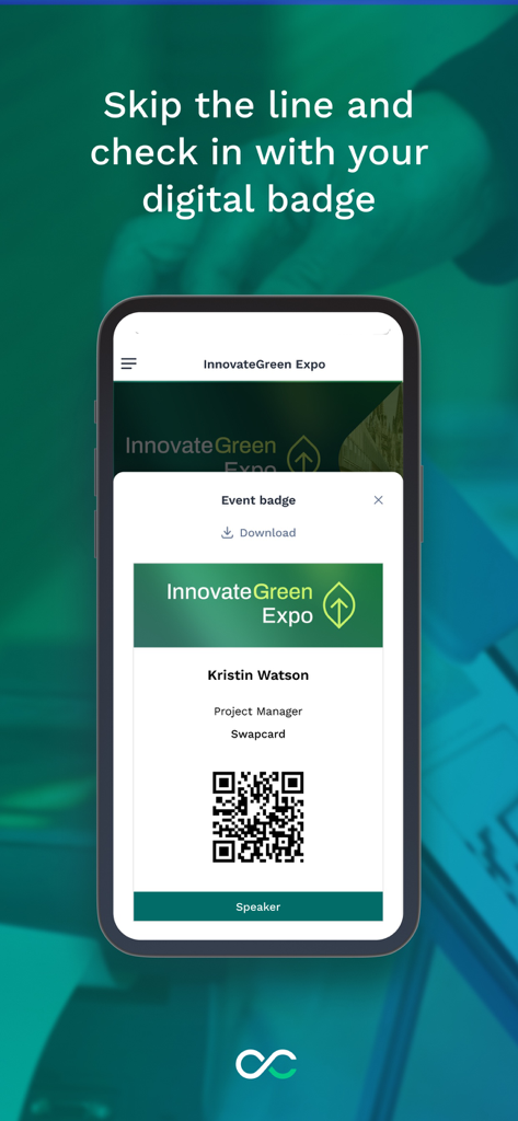 L'application Swapcard affichant un badge numérique d'événement avec un code QR pour un enregistrement efficace.