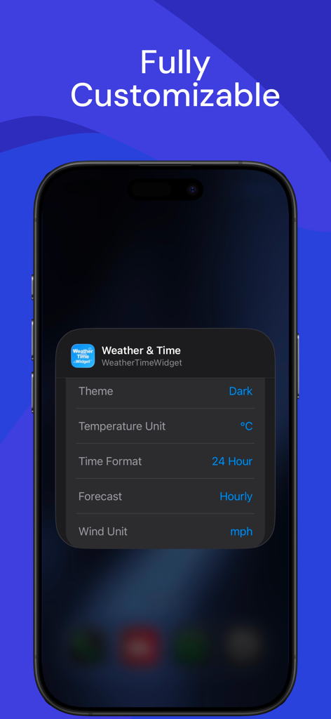 Weather Time Widget - Un iPhone que muestra el menú de configuración personalizable de Weather Time Widget, incluidas las opciones de tema y unidad