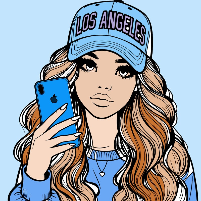realistic beautiful girl wearing los ángeles cap holding an iphone