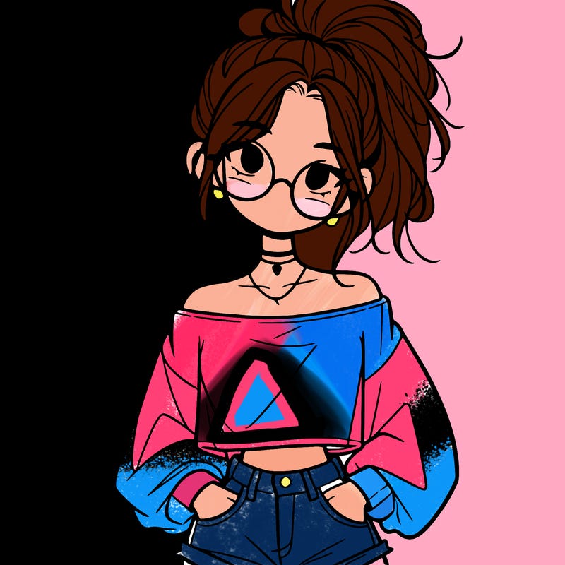 girl with a messy ponytail glasses a baggy crop top and jean shorts