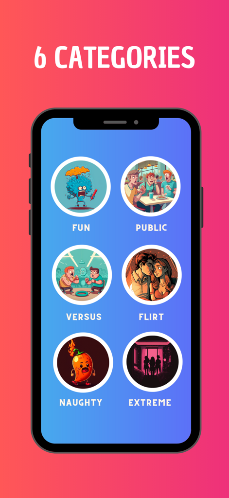 Truth or Dare - Freaky Game - Truth or Dare App-Bildschirm, der sechs verschiedene Spielkategorien zeigt, darunter Fun, Public, Versus, Flirt, Naughty und Extreme