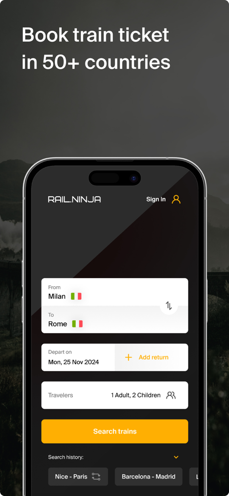 Rail Ninja: Train Tickets - Rail Ninja app interface for searching train tickets in Italy from Milan to Rome.