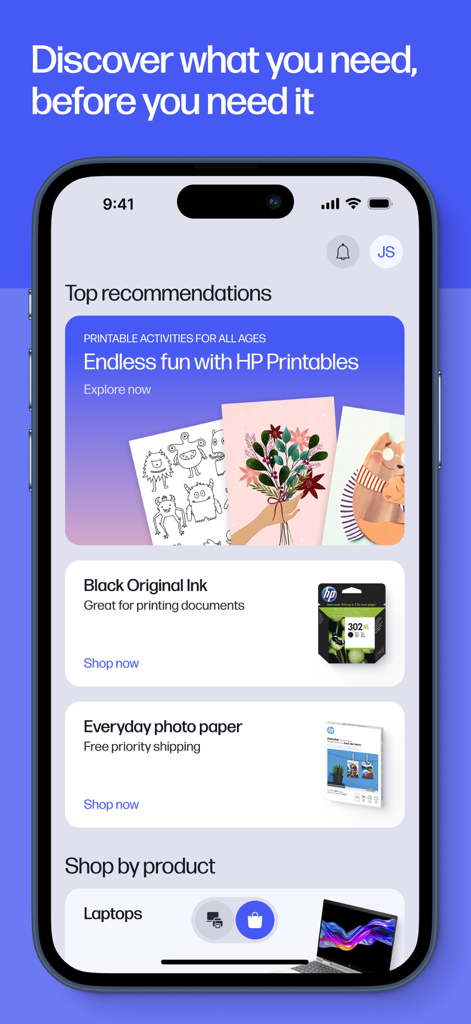 HP app dashboard showing top recommendations for printables ink and paper supplies