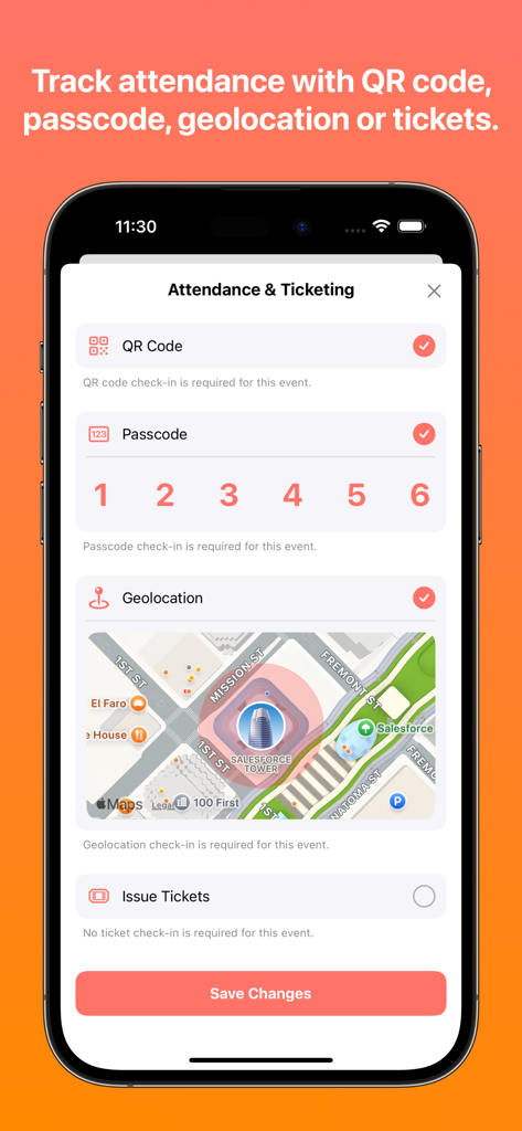 Flare app screen showing attendance tracking options including QR code, passcode, and geolocation.