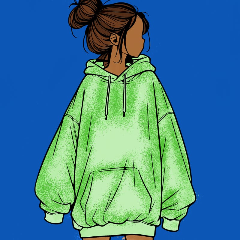 realistic girl with a oversized sweatshirt on and a bun