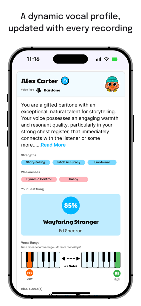 Singing Coach AI - Una pantalla de perfil vocal personalizada en la aplicación Singing Coach AI que muestra el tipo de voz, fortalezas, debilidades y rango vocal en un teclado de piano