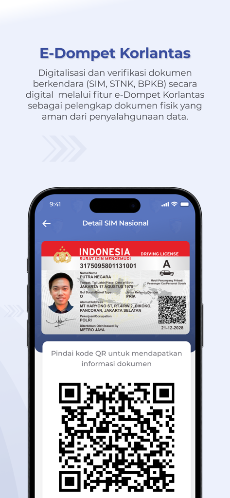 Captura de pantalla de la aplicación Digital Korlantas POLRI mostrando una licencia de conducir digital indonesia y un código QR para verificación de documentos.