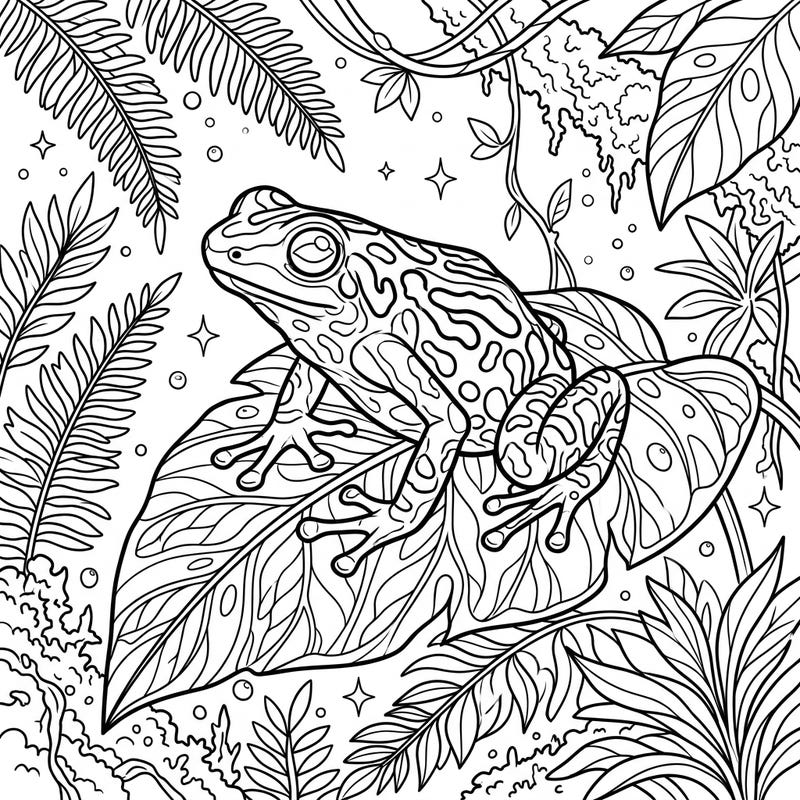 Embark on a creative journey with this detailed coloring page featuring a magnificent poison dart frog amidst lush rainforest foliage. Its unique patterns and the vibrant jungle setting offer an engaging and educational coloring experience.