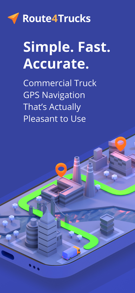 Route4Trucks - Truck GPS App - Route4Trucks app promotional graphic showing a 3D isometric city map with a green highlighted truck route and map pins