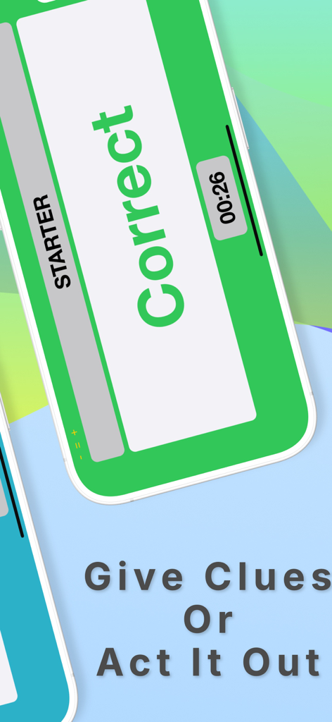 Bible Charades - Heads Up Game - A mobile game screen from Bible Charades showing a correct answer with a timer and instructions to give clues or act it out.