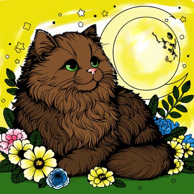 fluffy realistic cat with a moon and flowers