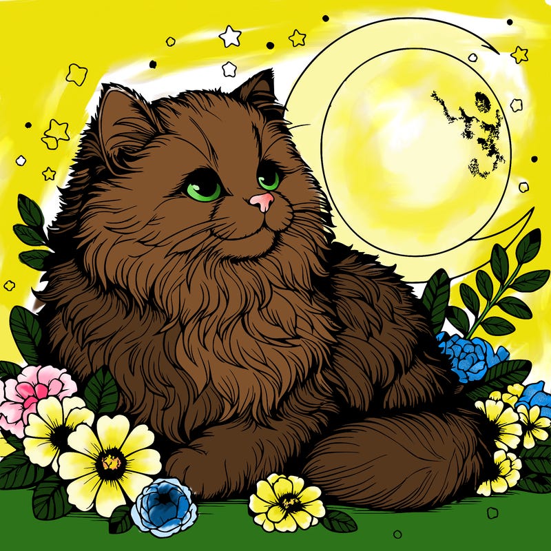 fluffy realistic cat with a moon and flowers