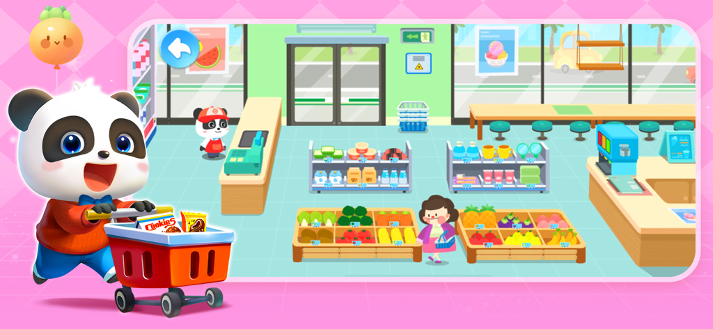 Baby Panda World - BabyBus - Il panda Kiki spinge un carrello della spesa in un colorato supermercato