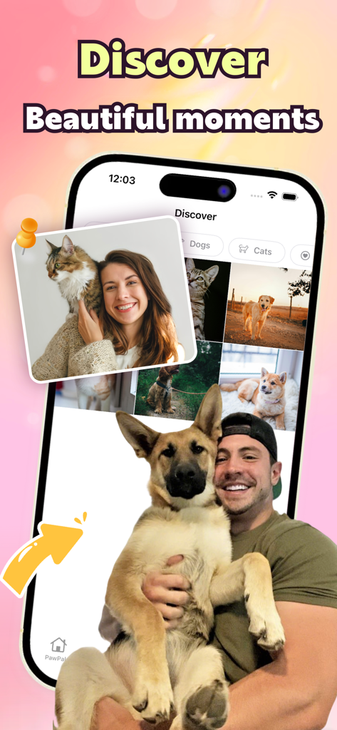 Interfaccia dell'app mobile Zttao che mostra un feed di scoperta dove i proprietari di animali condividono foto dei loro cani e gatti.