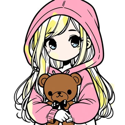 girl with big hoodie and long hair holding teddy bear
