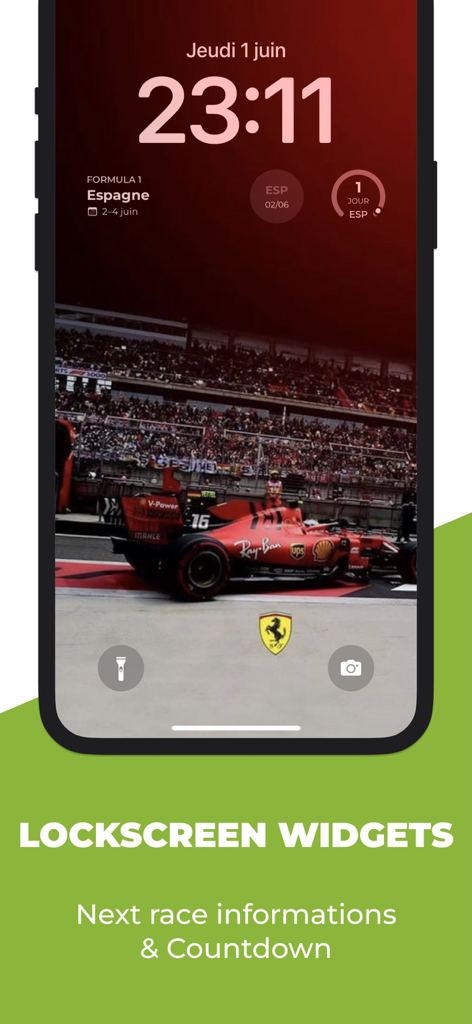 Motorsports Widgets - iPhone lock screen showing Formula 1 race information and countdown widgets