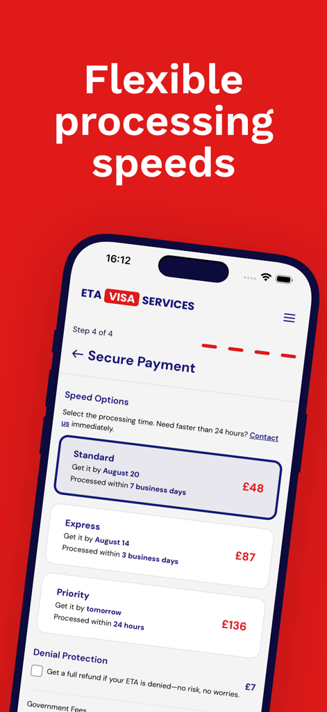 UK ETA Visa Services - Pantalla de pago seguro de la aplicación UK ETA Visa que muestra velocidades de procesamiento estándar, exprés y prioritarias con precios