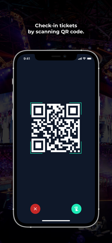 ewent Organizerアプリのチケットチェックイン画面、QRコードスキャナー付き
