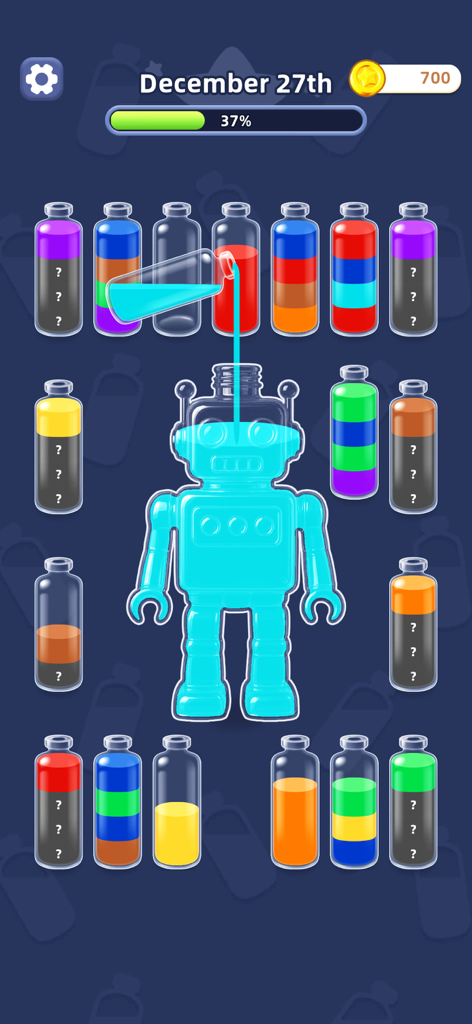 Water Jam Sort - Match Puzzle - Un nivel de juego de Water Jam Sort con un contenedor con forma de robot y botellas de líquido de colores