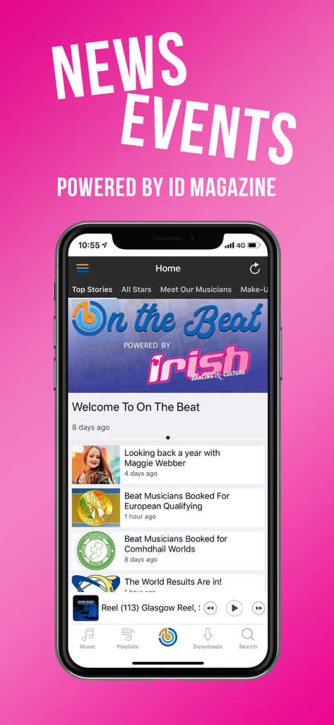 Screenshot des Startbildschirms der Beat Irish Dance App, der einen News- und Eventfeed von Irish Dance Magazine anzeigt.