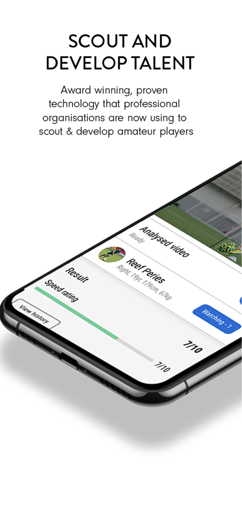 aiScout - Scout - aiScout mobile app interface displaying a soccer player profile with speed rating and video analysis