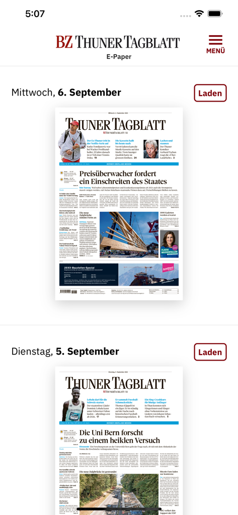 Digital editions list in the BZ Thuner Tagblatt E-Paper app showing daily newspaper covers