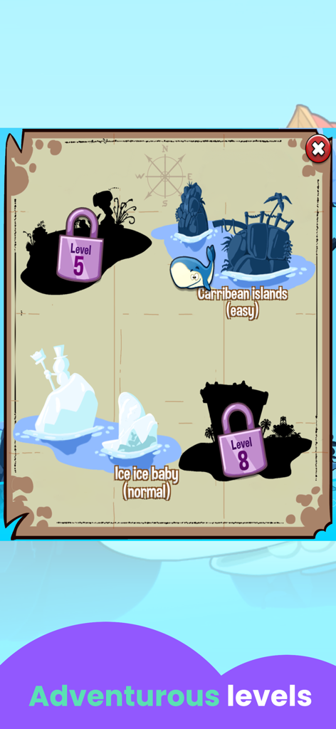 Un mapa de niveles del juego con islas caribeñas y terrenos de hielo en la aplicación Juegos de Saltar para Niños.