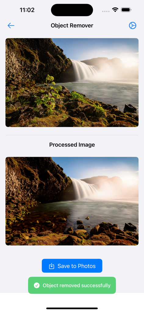 Object Remover by AI - A before and after side by side comparison showing a plant removed from a waterfall landscape photo using AI.