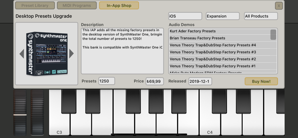 SynthMaster One - SynthMaster One in-app shop interface showing the desktop presets upgrade package and audio demos list