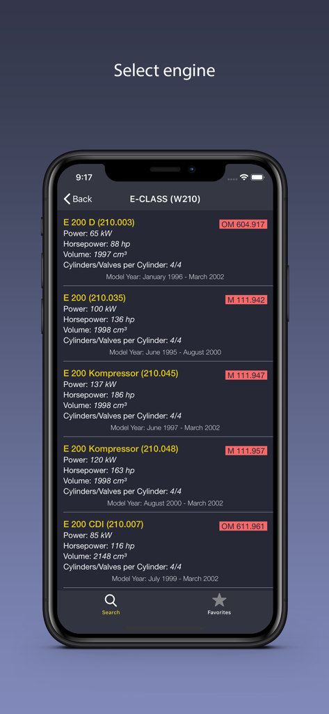 AutoParts for Mercedes Benz - A smartphone displaying a list of engine specifications and technical details for the Mercedes Benz E-Class W210 model.