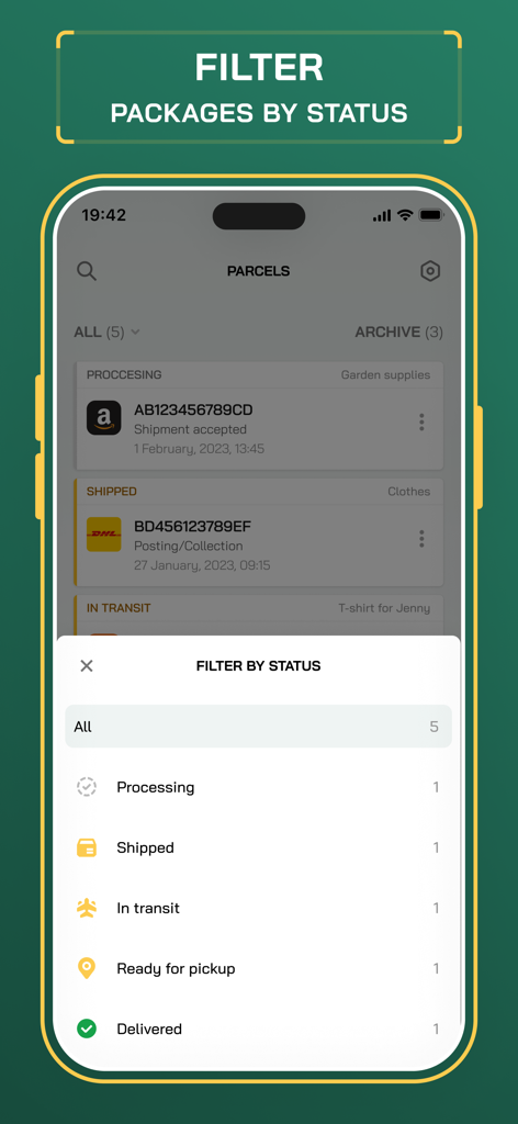 Track Me Fast Package Tracker - Mobile app interface for filtering packages by delivery status in Track Me Fast package tracker