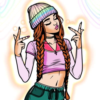 realistic teenage girl with braids and a beanie and crop top doing 🫶🏼
