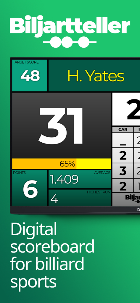 Marcador digital para billar carambola mostrando puntuaciones de jugadores y estadísticas del juego