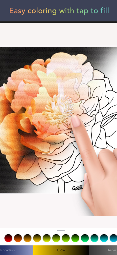 Benutzer malt eine detaillierte Blumenillustration mit der Tap-to-Fill-Funktion in der Color Therapy-App aus