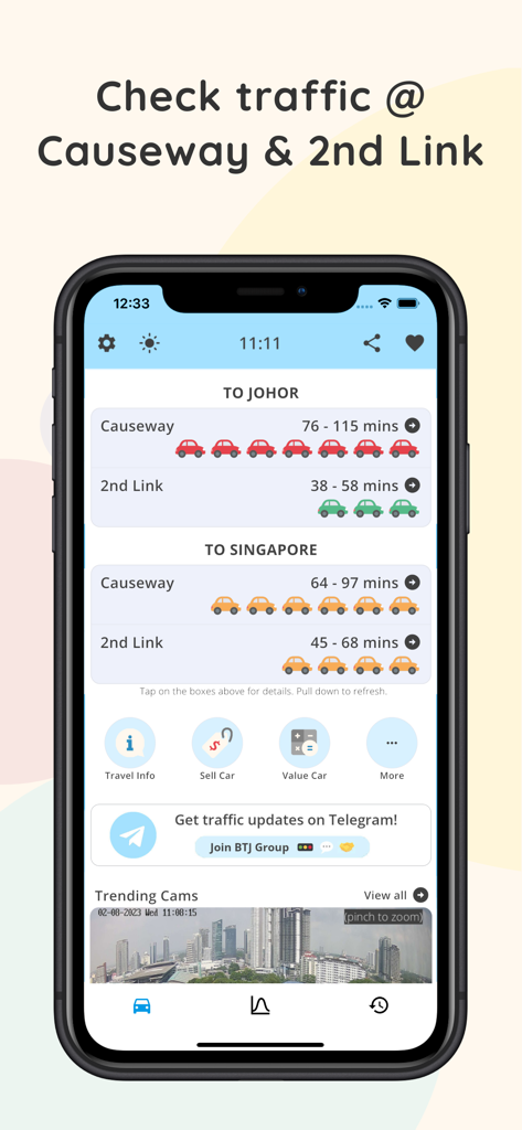 Beat the Jam app showing traffic congestion and travel times for the Singapore Malaysia border