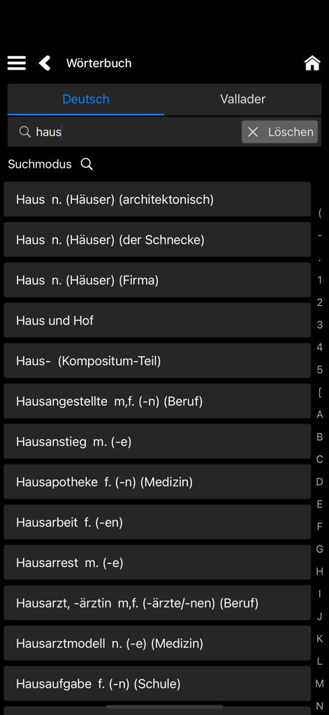 Mobile app interface of the Romansh Vallader dictionary showing German search results for the word haus