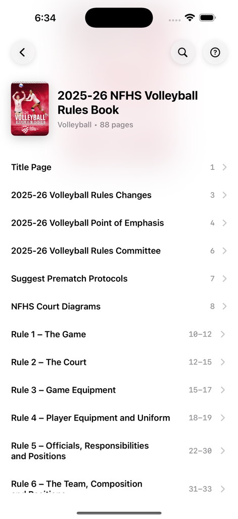 NFHS Digital - Screenshot showing the table of contents for the 2025-26 NFHS Volleyball Rules Book in the mobile app.