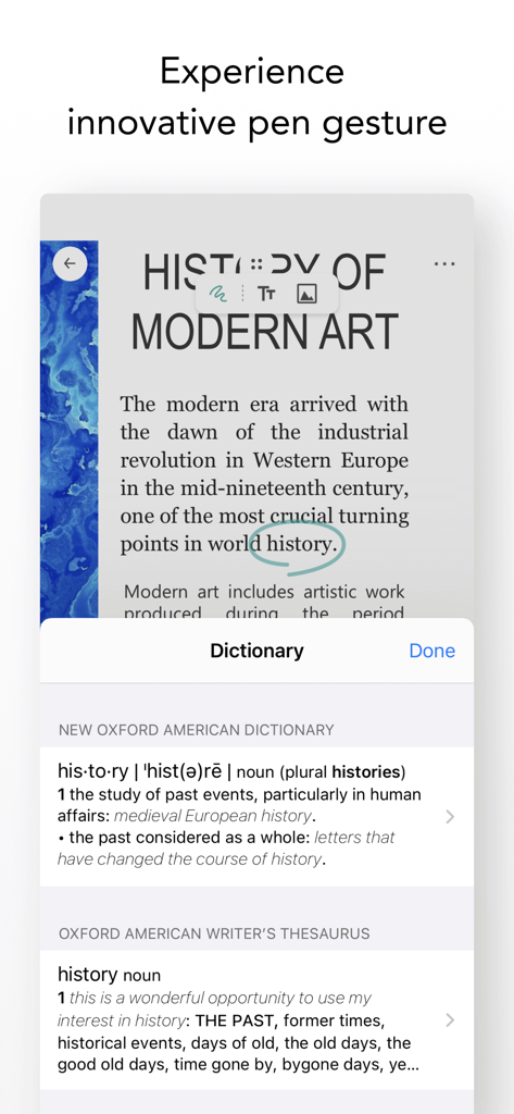 A screenshot of Flexcil for Education showing a pen gesture being used to circle a word and display its dictionary definition.