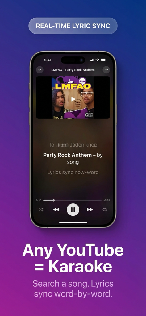 Karaoke for Youtube® - Karaoke for Youtube app interface on a smartphone showing real time word by word lyrics sync for a music video